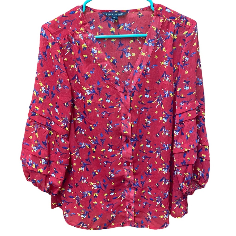 Zac & Rachel Red Floral Sheer Top size S Full Sleeves